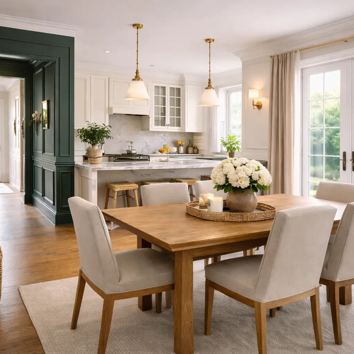 New build kitchen with character and forest green panelling