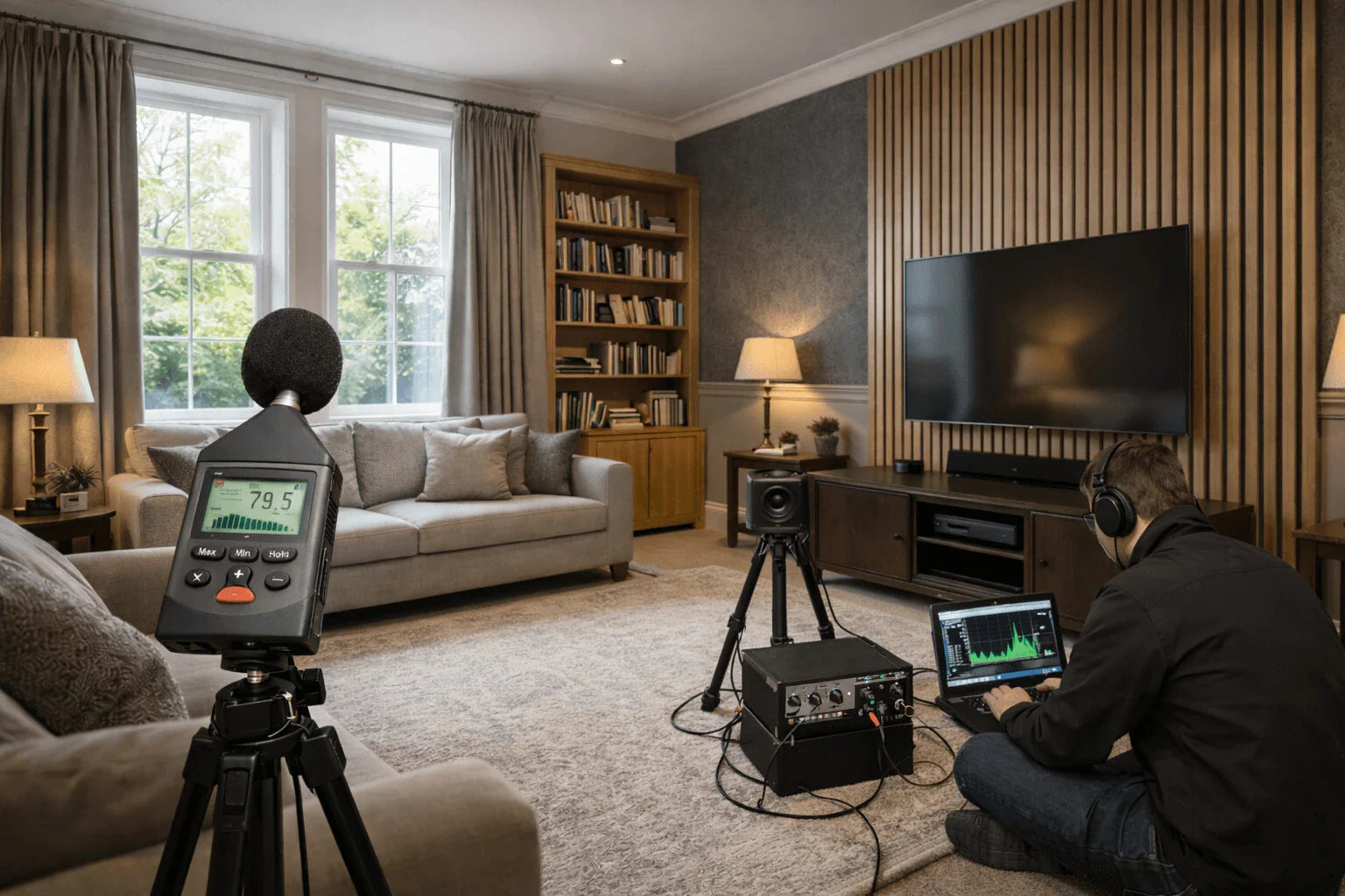 Sound insulation test in living room with panelling and soft furnishing
