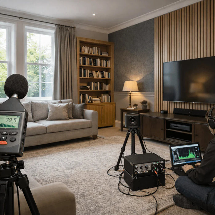 Sound insulation test in living room with panelling and soft furnishing