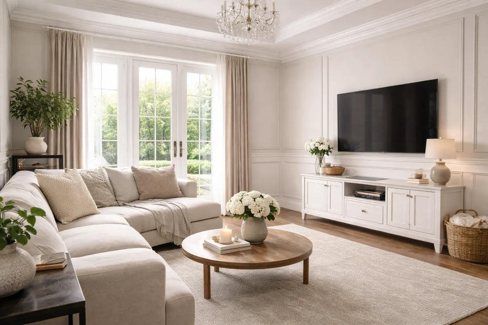Neutral modern living room with luxury wall panelling 