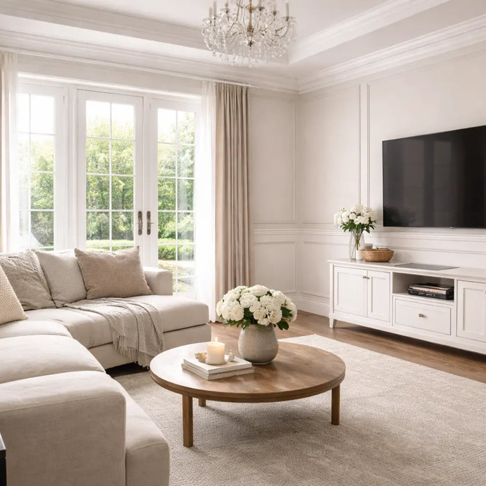 Neutral modern living room with luxury wall panelling 