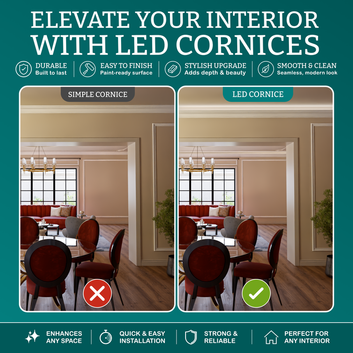 Plain cornice compared with LED cornice coving lighting a dining room - MR Mouldings Ltd