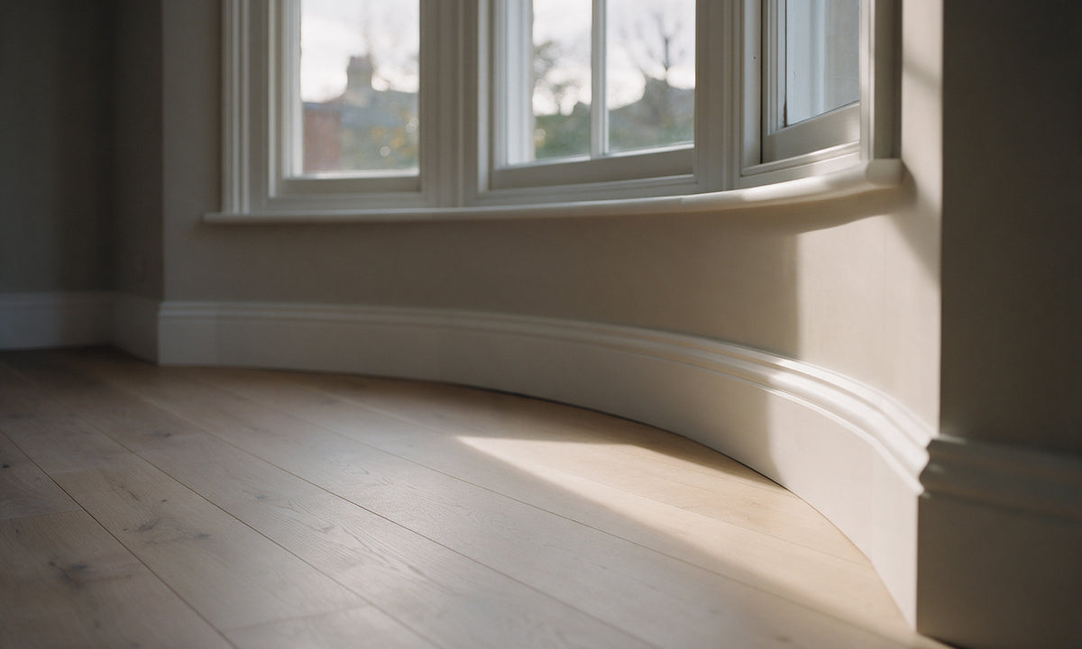 Flexible MDF skirting board following the curve of a period bay window
