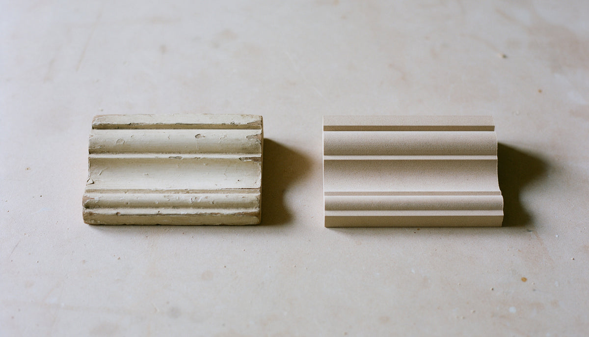 An original painted Victorian moulding offcut beside a newly machined MDF match