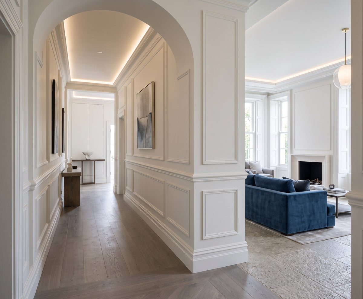 Panelled hallway and living room finished in solid tulipwood mouldings